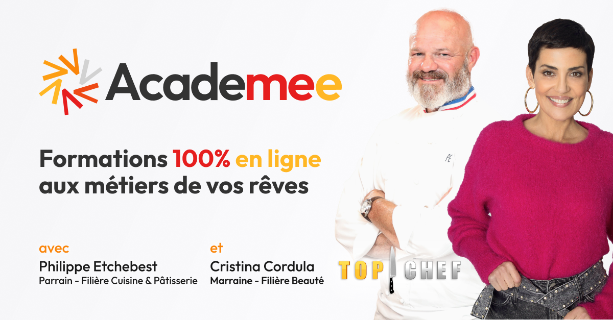 Academee-studi Academee Studi - Etchebest, parrain de la filière Métiers de bouche et Cristina Cordula marraine de la filière Beauté.