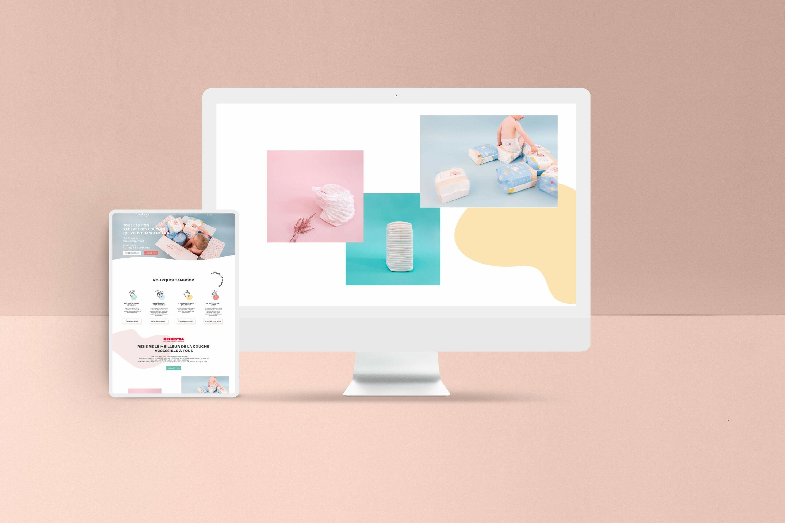 Maquette du site TAMBOOR — un parcours d’abonnement clair et rassurant pour les jeunes parents.