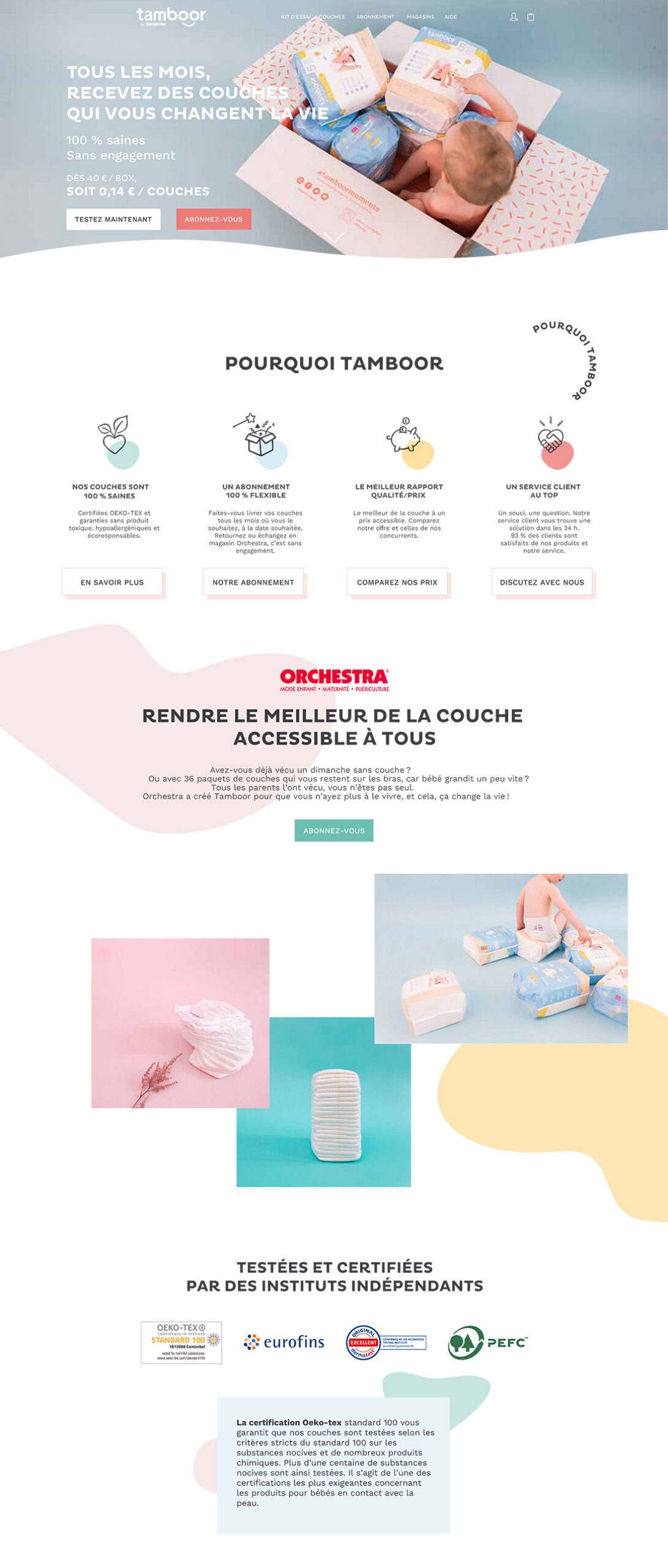 Maquette du site TAMBOOR — un parcours d’abonnement clair et rassurant pour les jeunes parents.