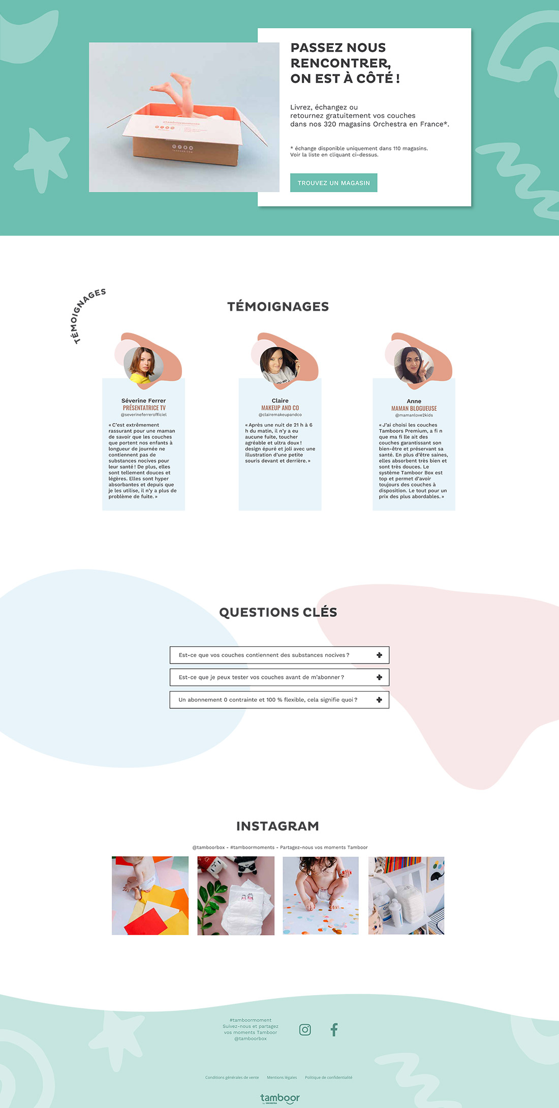 Maquette du site TAMBOOR — un parcours d’abonnement clair et rassurant pour les jeunes parents.