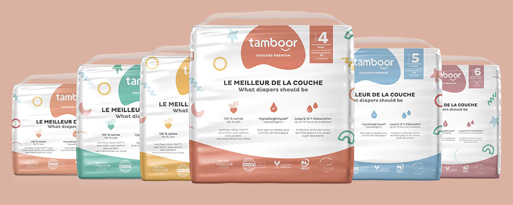 Création de la gamme complète de packagings TAMBOOR — illustrations douces et identités par taille.